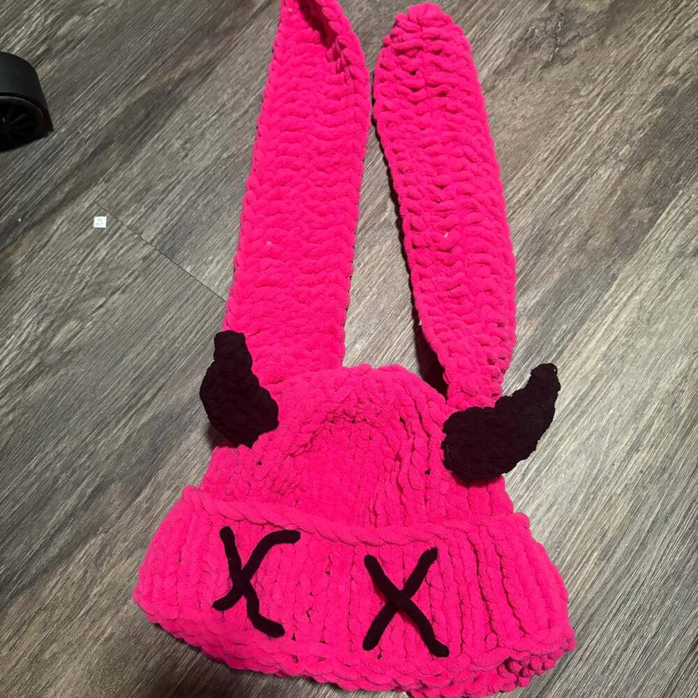Pink Chunky Beanie Bunny Hat Ears Horns Knit X Eyes